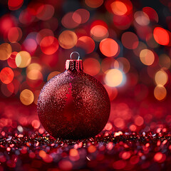 Glittering Red Christmas Ornament Close Up with Bokeh Background Creating a Festive and Joyful Atmosphere for the Holiday Season