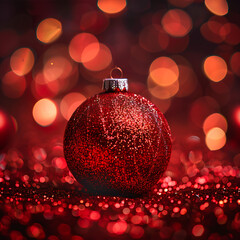 Close-Up of a Glittering Red Christmas Ornament Surrounded by Bokeh Lights Creating a Vibrant and Festive Holiday Atmosphere