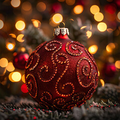 Glittering Red Christmas Ornament Close-Up with Swirling Patterns and a Festive Background Full of Warm Bokeh Lights and Holiday Cheer