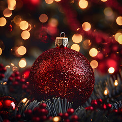 Close-up of a Glittering Red Christmas Ornament with Bokeh Background, Perfect for Holiday Decorations and Festive Celebrations, Capturing the Essence of Christmas Cheer