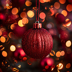 Close-Up of a Glittering Red Christmas Ornament Against a Bokeh Background of Warm Lights for Festive Seasonal Decor and Holiday Celebrations
