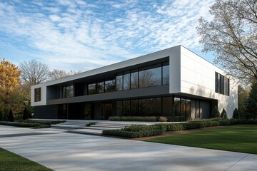 Modern minimalist house cubic architecture white and dark gray exterior large windows