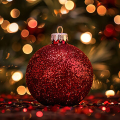 Close-Up of Glittering Red Christmas Ornament Highlighted Against a Bokeh Background of Holiday Lights and Foliage for Festive Decoration