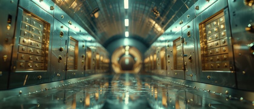 A futuristic, dreamlike hallway with reflective floor, golden doors resembling safes, and bright lights, exuding wealth and opulence in a mysterious ambiance.