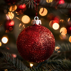 Close-Up of a Glittering Red Christmas Ornament Hanging on a Pine Tree with Warm Bokeh Lights in the Background