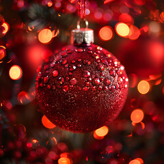 Close-up of a Glittering Red Christmas Ornament Surrounded by a Dreamy Bokeh of Soft Red and Warm Orange Highlights