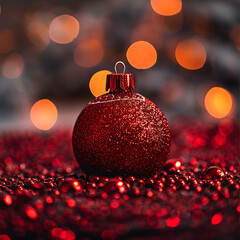 Close-Up View of a Glittering Red Christmas Ornament Against a Soft Background of Warm Bokeh Lights and Red Orbs