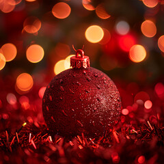 Close-Up of a Sparkling Red Christmas Ornament Surrounded by Warm Bokeh Lights Creating a Festive Atmosphere for the Holiday Season