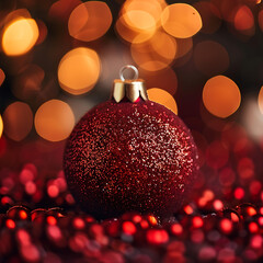 Close-up of a Glittering Red Christmas Ornament Surrounded by Shimmering Red Beads Against a Soft Bokeh Background of Warm Holiday Lights