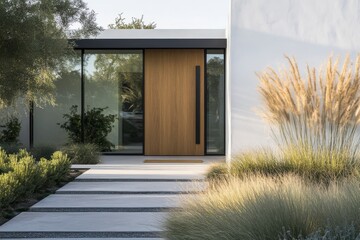 Modern minimalist house exterior white walls wooden front door large windows