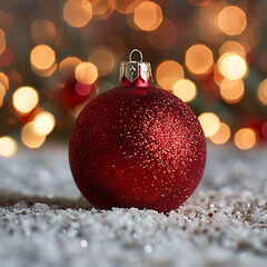 Close-Up of a Glittering Red Christmas Ornament on Soft Snow with Bokeh Lights in the Background, Capturing the Spirit of the Holiday Season