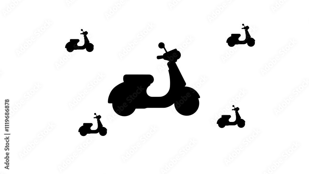 Poster zoom in and out animation the scooter symbol. large black symbol in the center and four small symbol