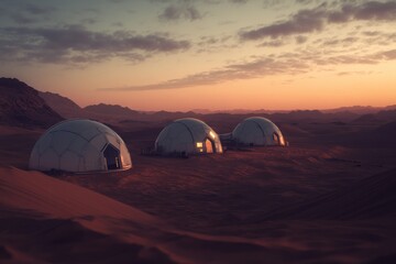 Three geodesic domes sit in a tranquil desert landscape at sunset, blending futuristic living with natural beauty.