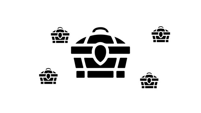 Zoom in and out animation the treasure chest symbol. Large black symbol in the center and four small symbols around. Seamless looped 4k animation on white background