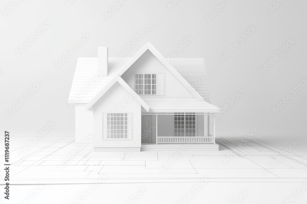 Poster minimalist white house model on a blueprint background, representing modern architecture and design 