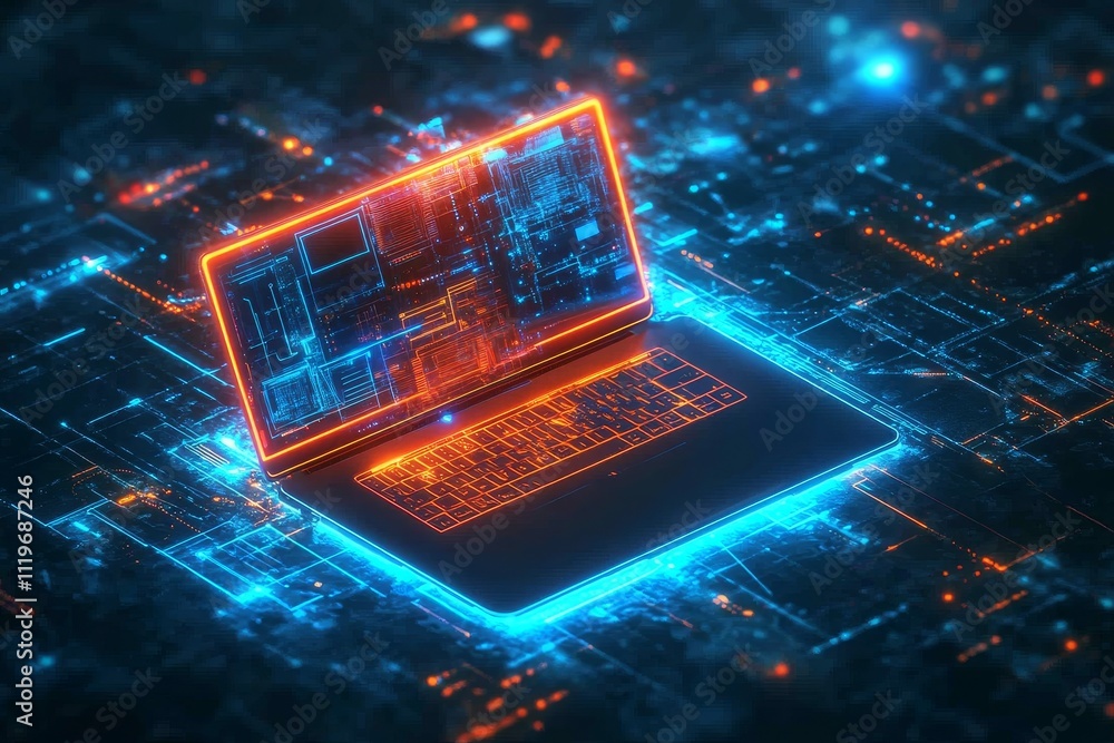 Poster futuristic laptop concept with glowing neon elements and digital circuit patterns in an abstract tec