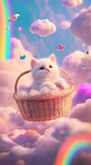 White kitten sitting in a basket surrounded by fluffy clouds and rainbows