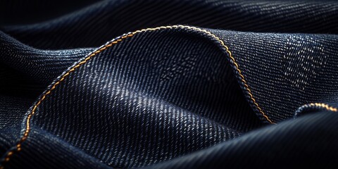 Close-up of denim fabric with orange stitching detail
