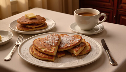 Heart-shaped pancakes dusted with powdered sugar and served with coffee for a cozy romantic breakfast