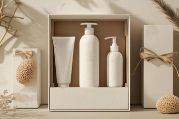 Set of cosmetic products inside elegant gift box displayed on table with a minimalistic design, perfect for showcasing your brand identity