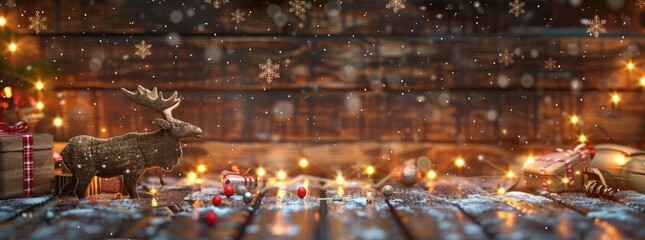 Obraz premium Christmas holiday background with rustic wooden planks, glowing garland lights, gift boxes, and decorative snowflakes. Designed for holiday-themed templates and cards. empty wooden podium christmas