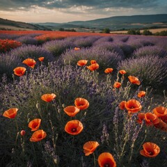 Obraz premium A European countryside filled with poppies and lavender.