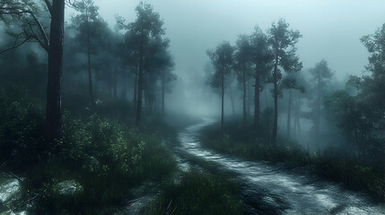 Fototapeta premium Misty forest path winding through tall trees.