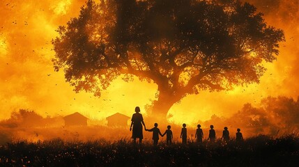Fototapeta premium Teacher Guiding Students Towards Peaceful Under Sunset Scenery