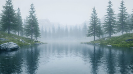 Fototapeta premium Misty lake reflecting foggy pine forest.