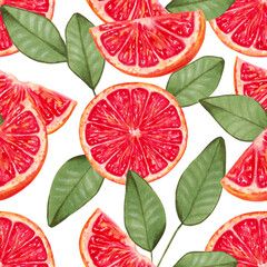 Seamless background of grapefruit slices with leaves. Watercolor and marker illustration. Red citrus fruit pieces. Hand drawn isolated art. Wallpaper eco product for fabric, textile, wrapper
