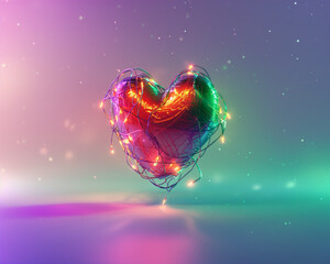 Obraz premium heart wrapped with colorful xmas lights levitate in the air on purple green gradient background.