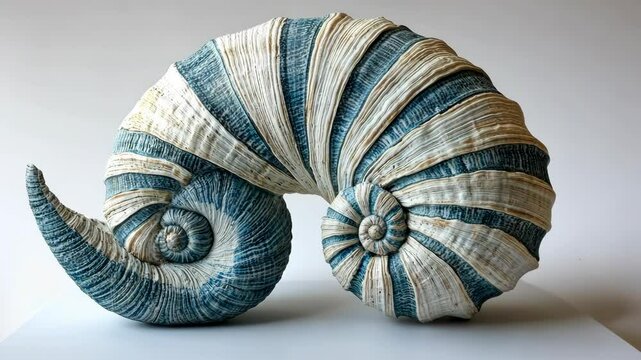 Intricate blue and white spiral shell sculpture displayed on a minimalist surface