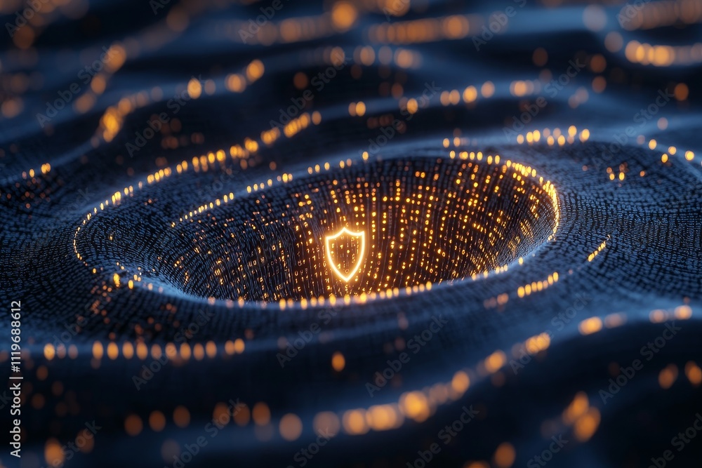 Poster abstract digital representation of cybersecurity with glowing shield symbol surrounded by vibrant pa