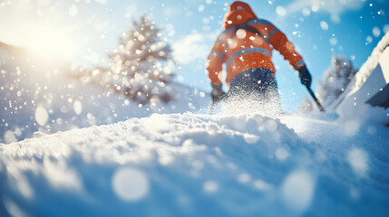 A worker in safety gear performing professional snow removal on a rooftop under bright sunshine during a clear winter day, ensuring safety and maintenance
