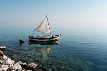 Fototapeta premium A small sailboat rests calmly on clear waters near rocky shorelines, reflecting serenity and solitude under a bright, blue sky.