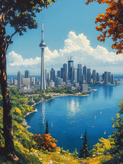 Fototapeta premium Scenic city skyline view with lake, trees, and tower.