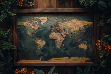 Vintage world map in a wooden frame hanging on a wooden background surrounded by lush green plants