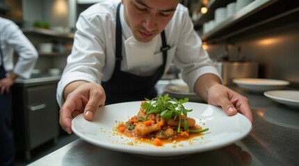 Professional Chef Plating Gourmet Dish in Restaurant Kitchen