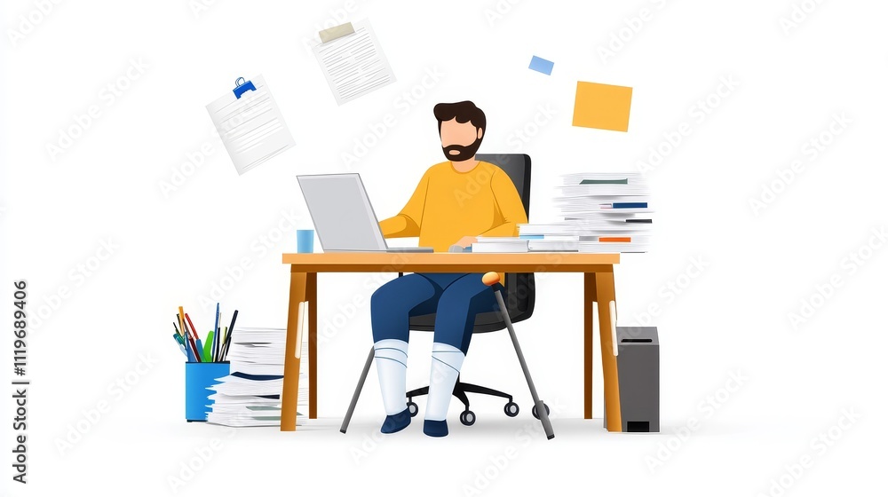 Poster young man working on a laptop at a desk surrounded by floating documents and stationery, depicting r