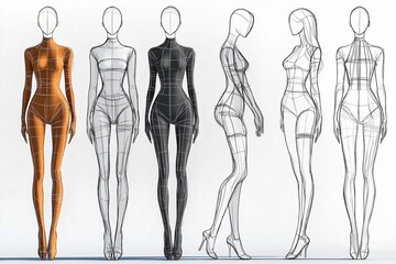 Fashion designer is sketching minimalist female body templates, exploring different poses and styles