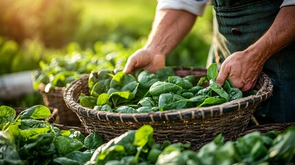 Farmer Harvesting Fresh Green Spinach Leaves