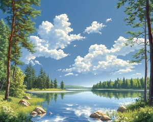 Naklejka premium Serene lake view with lush greenery and bright sky.