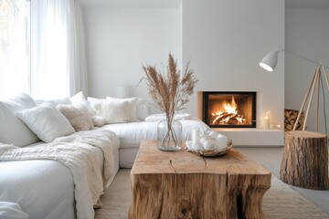 Modern minimalist living room cozy white sofa rustic wooden coffee table