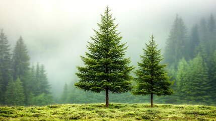 The tall evergreen trees standing against a lush green background create a peaceful and tranquil landscape, transporting you to a serene haven in nature.