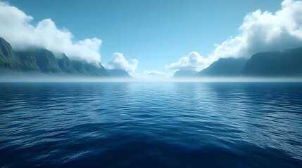 Naklejka premium Serene ocean view with misty mountains.