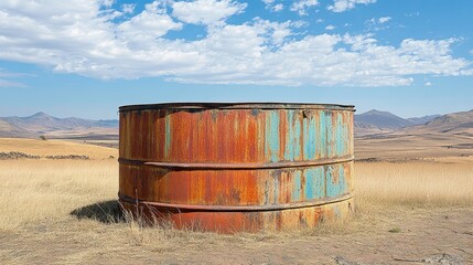 Obraz premium Empty Water Tank Under Harsh Sunlight in Rural Landscape