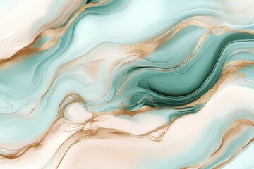 Fototapeta premium Abstract Fluid Art with Soft Turquoise and Cream Waves Enhanced by Golden Touches, Perfect for Modern Home Decor, Wallpapers, and Artistic Projects