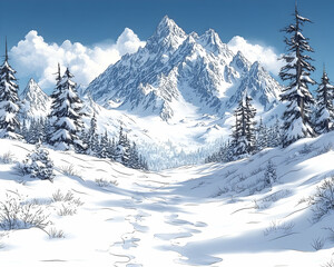 Fototapeta premium Snowy mountain landscape with path.