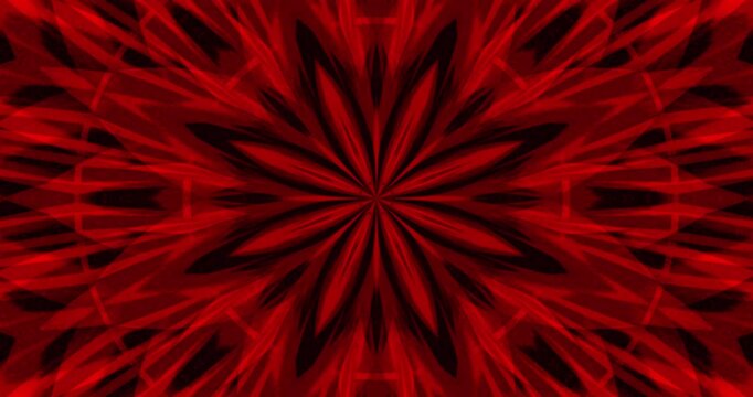 Kaleidoscope of red light rays on a dark background. Animated background and club video. Meditation video. Seamless loop. Loop