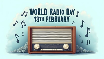 World Radio Day 13th February over a plain blue background